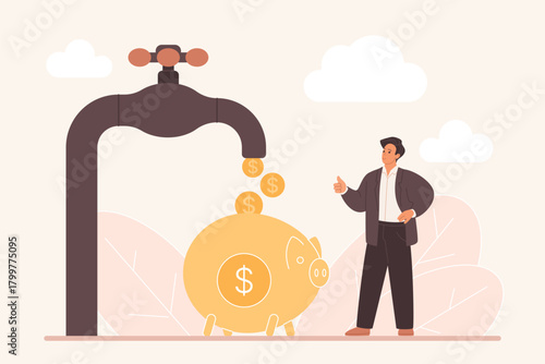 Man stands by piggy bank as coins flow from faucet, representing passive income, financial growth, and wealth accumulation, ideal for investment and savings themes vector illustration