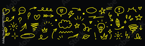 Line marker hand drawn brush arrow element set. Sketch pencil stroke vector graphic pen underline scribble icon. Hand drawn line heart, crown, star symbol highlight marker shape. Vector illustration