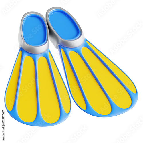 Pair of yellow and blue flippers for swimming and diving, isolated on a white background