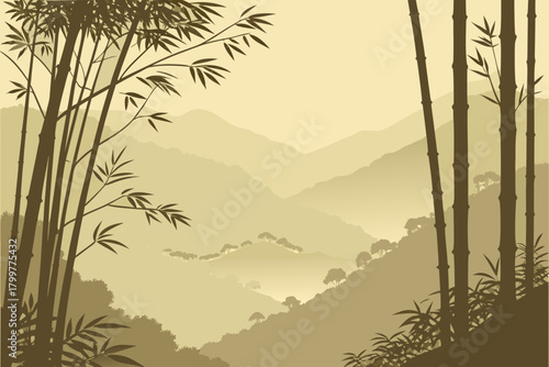 Foggy bamboo valley with repeating vertical stalks, layered mist sheets, muted earthy tones