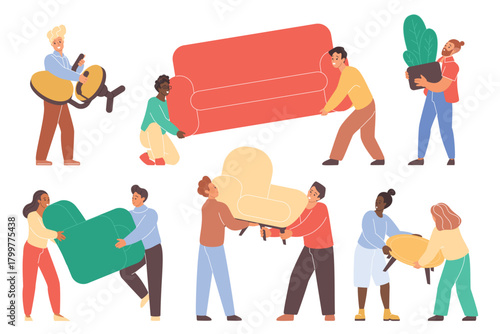 Group of diverse people carrying sofa, armchair, table, and plant, working together during relocation or moving day, teamwork and cooperation concept, isolated on white background vector illustration