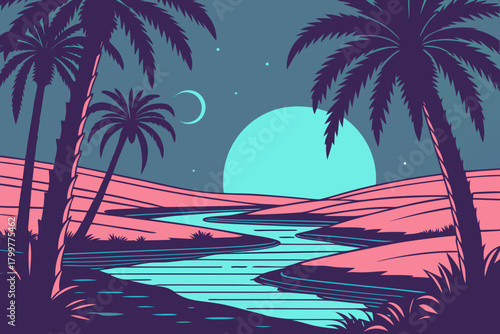 Futuristic desert oasis with neon-lit water reflections, abstract palm outlines, sci-fi horizon glow