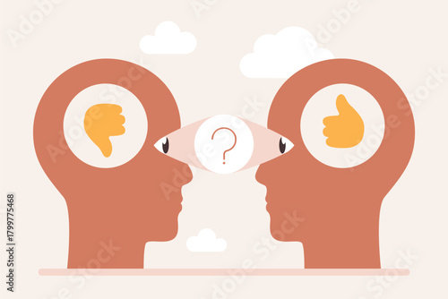 Two human heads face each other, one with a thumbs up and the other with a thumbs down, symbolizing contrasting opinions and perspectives, with a question mark between them vector illustration