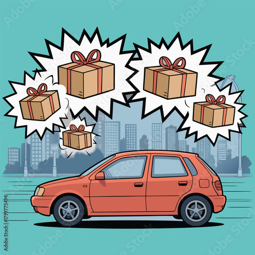 Red sports car vector illustration with gift boxes for family transport design
