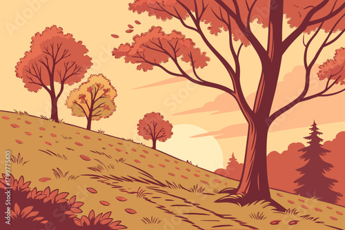 Warm autumn hillside with blocky foliage clusters, scattered leaves pattern, soft evening lighting
