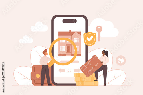 Real estate appraisal and investment process shown on a smartphone, with people analyzing property value, secure payment, and digital transaction concept vector illustration