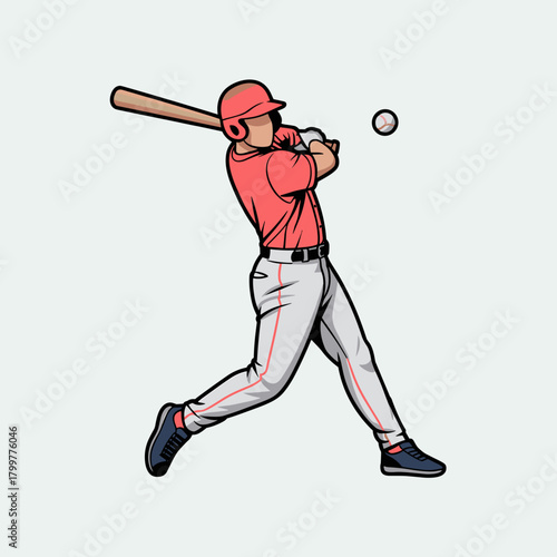 Flat vector illustration of a baseball player in mid-swing, hitting a ball with a bat. Represents baseball, sport, and a game.