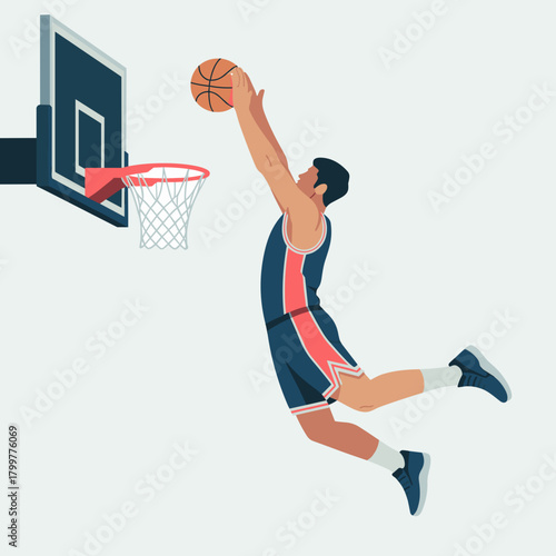 Flat vector illustration of a basketball player jumping to dunk a ball. Represents basketball, sport, and dynamic action.
