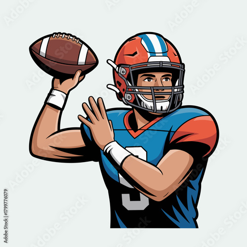 Flat vector illustration of an American football quarterback in uniform, about to throw the ball. Represents sport, a game, and action.