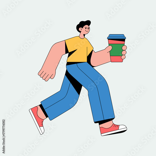 Flat vector illustration of a man walking quickly while carrying a cup of coffee. Represents a busy morning, commute, or takeaway.