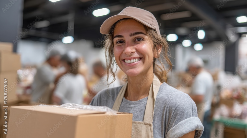 Fototapeta premium Young cheerful volunteer working at charity center and giving free food donation box for people in need in charitable foundation. Humanitarian aid, volunteering and social help for poor concept.