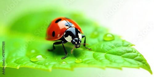 A vibrant red ladybug with black spots rests on a fresh green leaf covered in morning dew drops