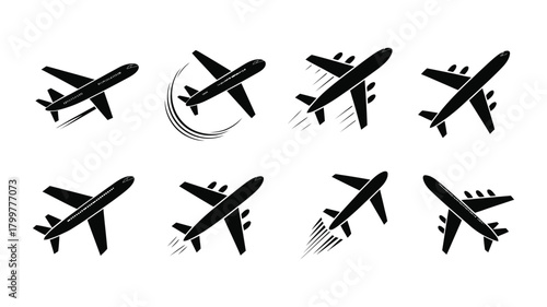 Collection of stylized black airplane icons illustrating flight, travel, aviation, and motion, perfect for modern design, web, and app interfaces.