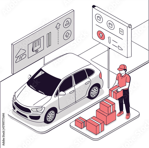 Man drives a small commercial transport vehicle for business cargo delivery
