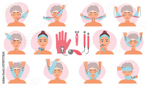 Microcurrent facial treatment set vector illustration. Cartoon aesthetic therapy in cosmetology and cosmetic procedures, massage for face with devices and micro current electrodes in spa beauty salon