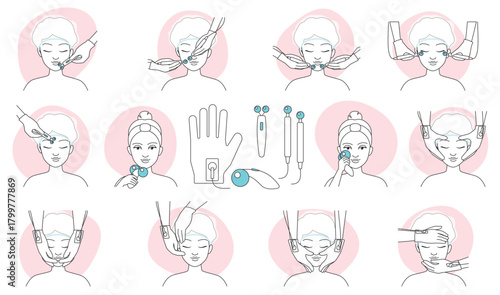 Microcurrent treatments infographic line icons set vector illustration. Hand drawn outline hands of professional beautician massage face skin of woman with micro current electrodes, lifting therapy