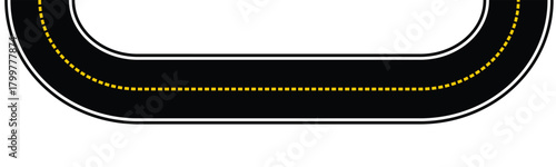 Winding road with white dashed lines making a u turn on white background representing transportation, travel, and journey concepts.