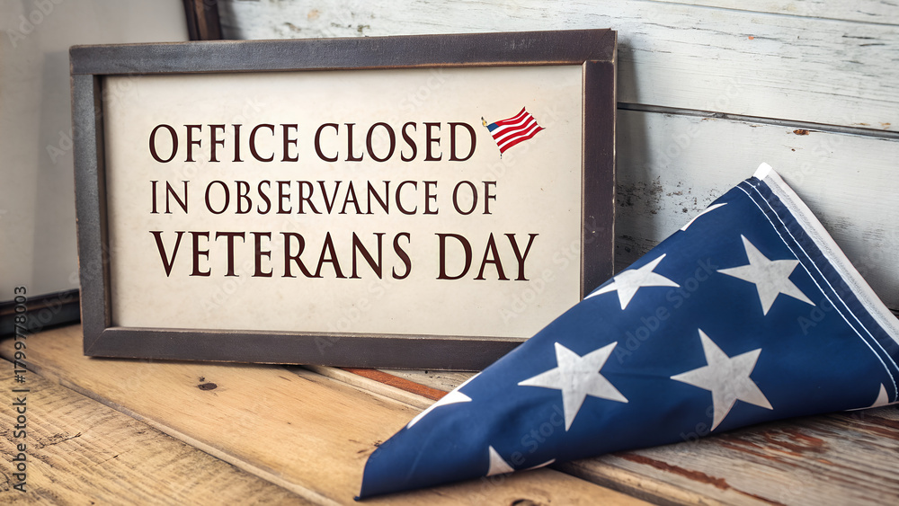 Fototapeta premium Veterans Day Office Closure Sign with American Flag