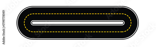 Winding road with white dashed lines making a u turn on white background representing transportation, travel, and journey concepts.