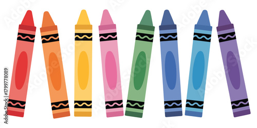 Colorful crayon artwork in flat graphic style, shown on a clean white background, perfect for school supply themes, art education visuals and playful vector designs.