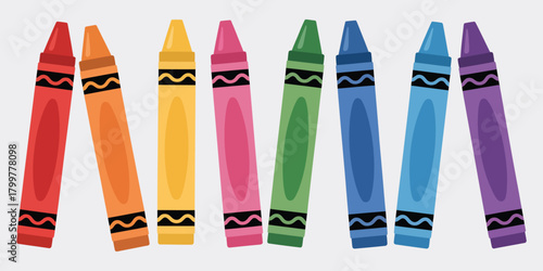 Colorful crayons in flat color style displayed on a white background, vibrant art tools and school supplies illustrated