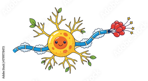 Happy neuron with balloons, a playful and educational scientific illustration perfect for learning