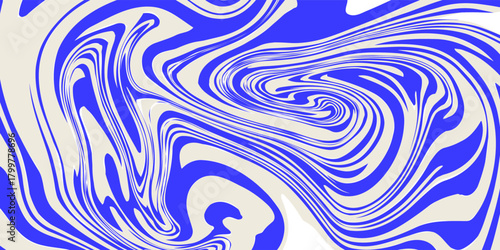 Blue wavy lines abstract background. Trendy psychedelic retro style backdrop. Waves, swirl and twirl pattern. Twisted distorted vector texture.