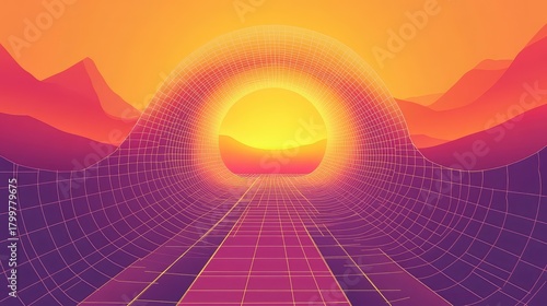 Fototapeta Naklejka Na Ścianę i Meble -  Retro futuristic grid tunnel with sunset light