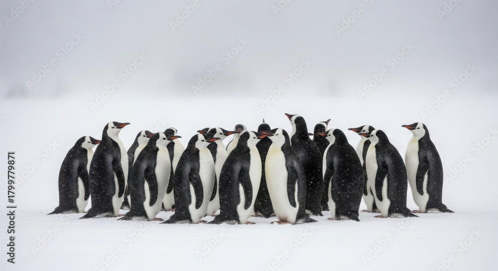 Obraz premium A colony of emperor penguins huddles together in a snowy landscape