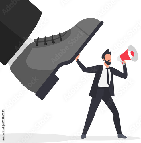 Pressure, violence and kick of giant foot to man employee with megaphone vector illustration. Cartoon manager shouting into loudspeaker about tyranny, leadership problem. Freedom, protest concept