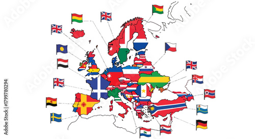 Illustrated map of Europe with national flags, symbolizing diverse cultures and unified identity