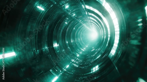 Fototapeta Naklejka Na Ścianę i Meble -  Futuristic green light tunnel with digital data flowing