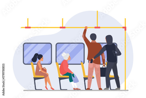 Theft of money in public transport vector illustration. Cartoon thief sitting on seat with passengers in interior of subway train or bus, pickpocket character stealing wallet from male victims pocket