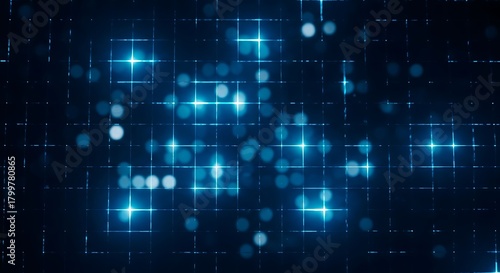Abstract blue digital grid with glowing lights and bokeh effect