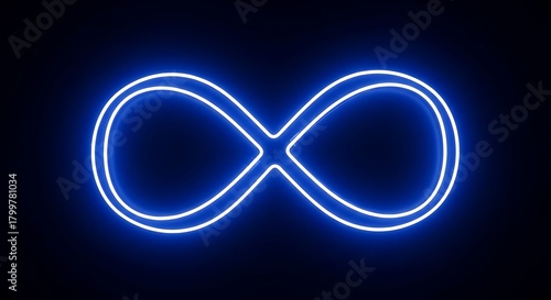 Blue neon infinity symbol glowing on a dark background