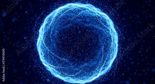 Abstract glowing blue sphere with swirling particles on dark background