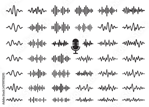 Microphone and Audio Waveforms Set for Podcast, Voice Recording, and Digital Sound Technology
