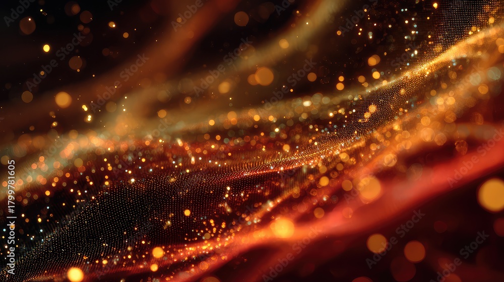 Fototapeta premium Digital particle data flow creating abstract bokeh wave