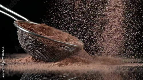 A metal mesh sieve sifts fine brown powder onto a dark reflective surface with particles suspended in the air against a black background