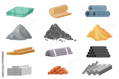 Building and renovation materials set. Pile of sand and stones, metal and wood blocks, roof piles and stack of steel pipes and brick, collection for construction site cartoon vector illustration