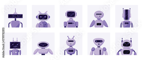 Chatbot avatars set. Purple cute robot assistant heads with antenna and funny face, simple portraits of futuristic customer support service agent and bot of GPT chat cartoon vector illustration