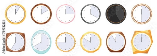 Clock faces set vector illustration. Cartoon isolated collection of wall kitchen or office clocks of different shapes and colors with classic white dial, hour and minute hands ticking, counting time