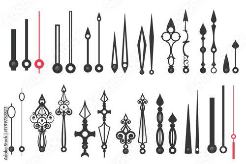 Clock hands set vector illustration. Thin black and red line time pointers, silhouettes of steampunk minute and hour arms, metal antique arrows with Roman ornamental decoration for analog clock face