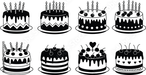 Birthday cake silhouette collection, sweet dessert illustration with candles, cherries and icing, delicious bakery pastry vector for celebration, party decoration and confectionery design