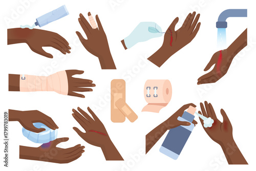 First aid for hand injury vector set vector illustration. Injured dark skin human arms of patient with wound and burn on skin, hands cleaning trauma with water, using elastic bandage and dressings