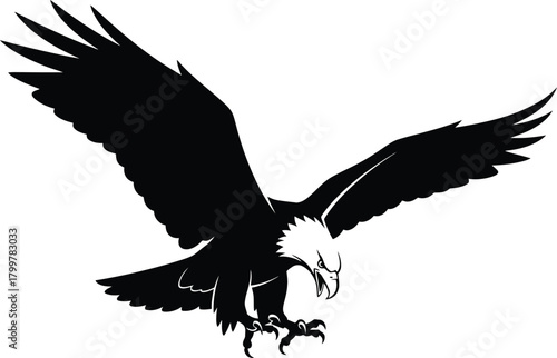 “Dynamic eagle silhouette with spread wings, fierce pose, bold black vector style ideal for sports logos, freedom themes and patriotic designs.”