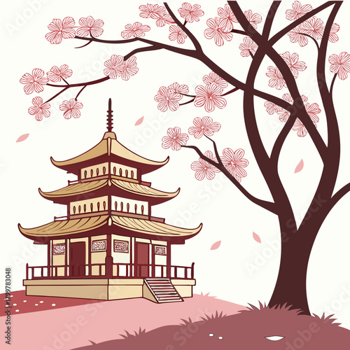japanese pagoda and cherry blossom