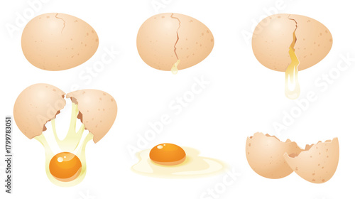 Breaking egg for cooking set, 3D realistic sequence game animation. Animated stages of cracking with eggshell, falling yolk and white of broken egg and empty shells cartoon vector illustration