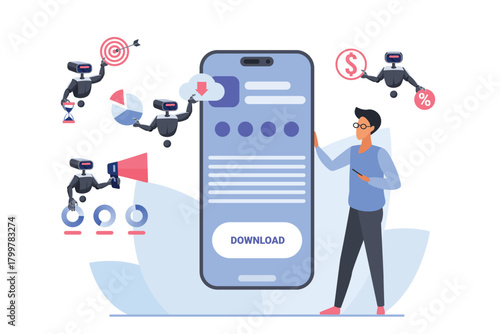 AI assistant digital support, business productivity with online chatbot. Tiny customer working in mobile app with effective interaction and automated help of robots team cartoon vector illustration