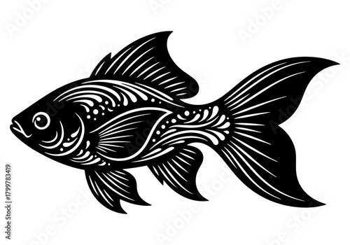 Vector illustration of an aquatic goldfish swimming underwater on a white background